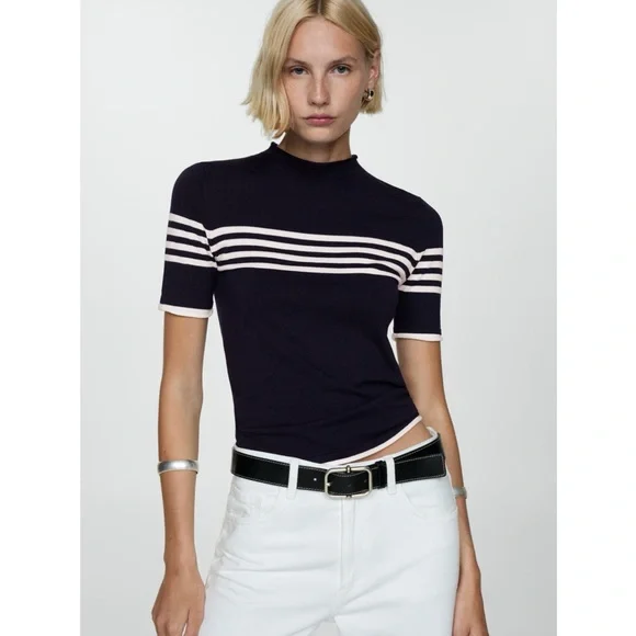 MNG Mango Striped Fine Knit Short Sleeves Top Size L Navy Blue And White - Picture 1 of 8